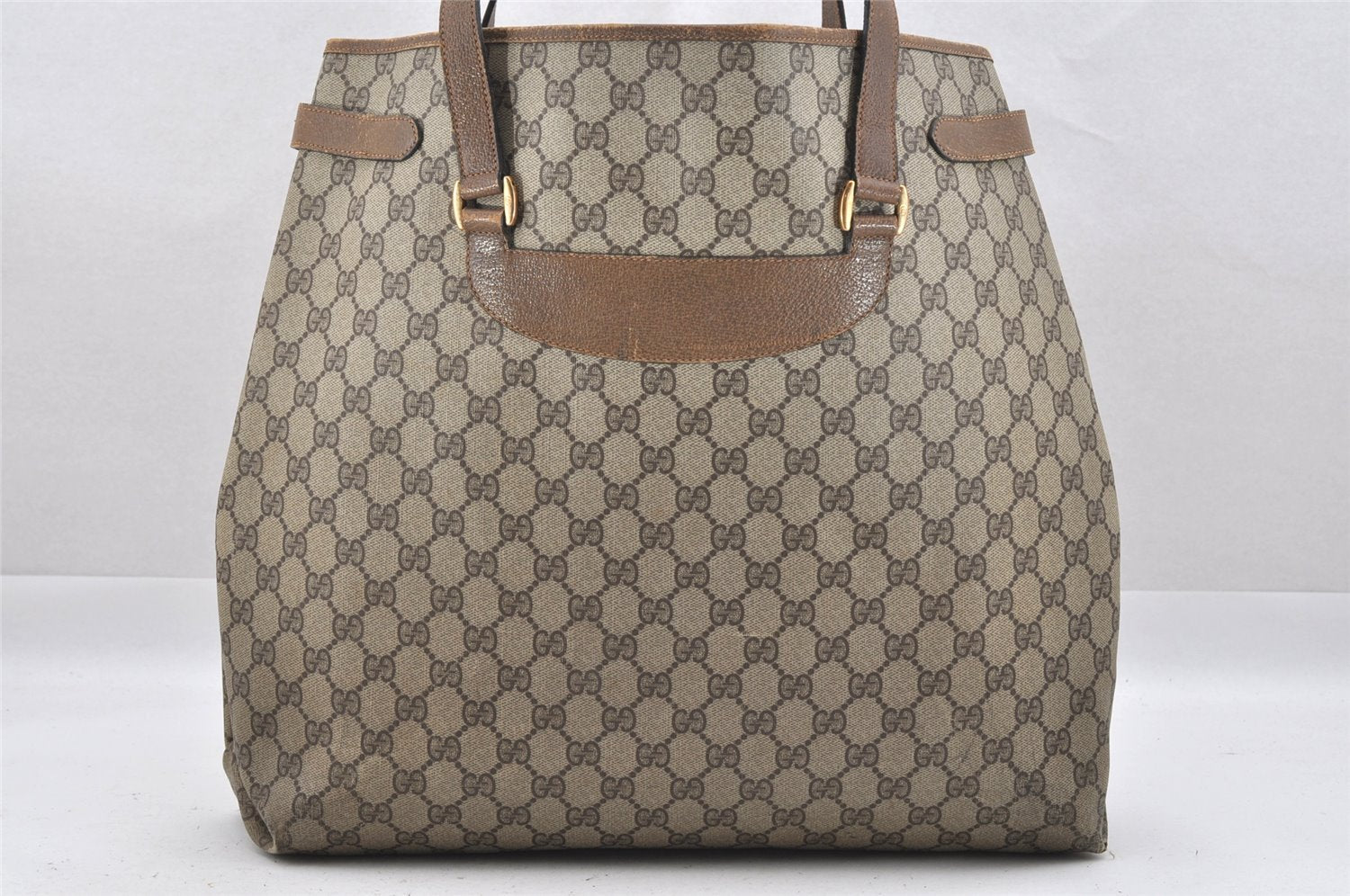 Authentic GUCCI Vintage Shoulder Tote Bag GG PVC Leather Brown 9915I