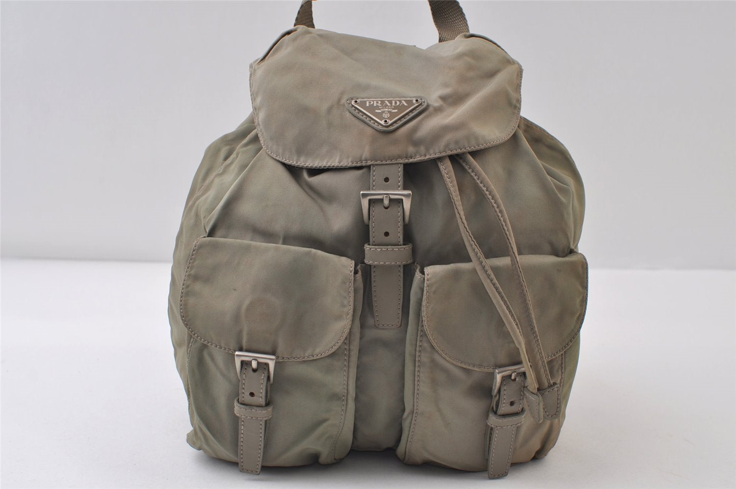 Authentic PRADA Vintage Nylon Tessuto Leather Drawstring Backpack Khaki 9916I