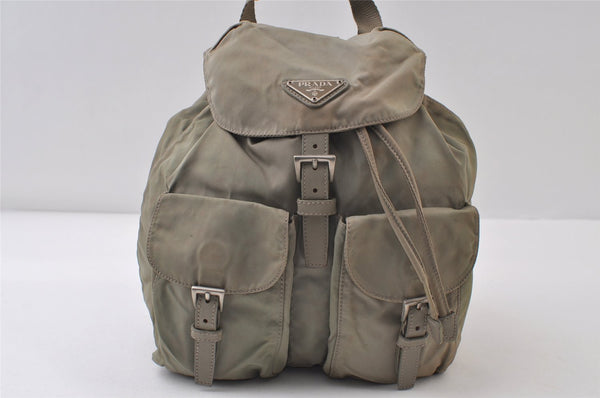 Authentic PRADA Vintage Nylon Tessuto Leather Drawstring Backpack Khaki 9916I