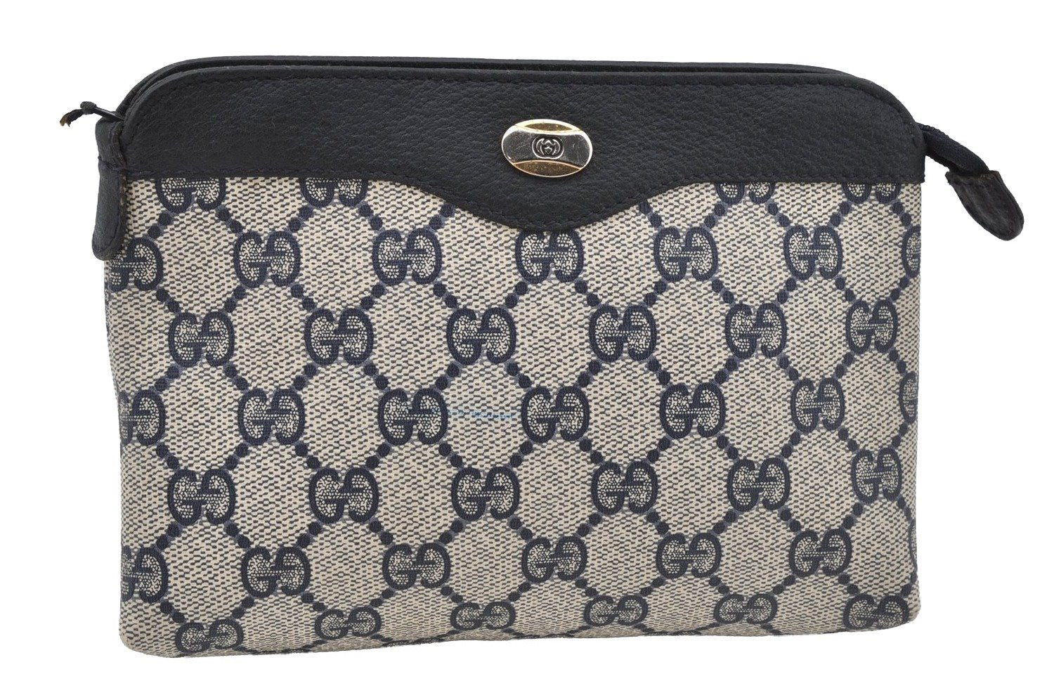 Authentic GUCCI Vintage Pouch Purse GG PVC Leather Navy Blue 9922I