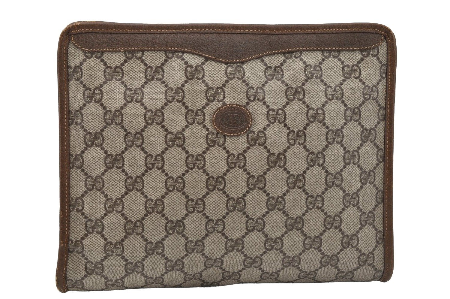 Authentic GUCCI Vintage Clutch Hand Bag Purse GG PVC Leather Brown 9923I
