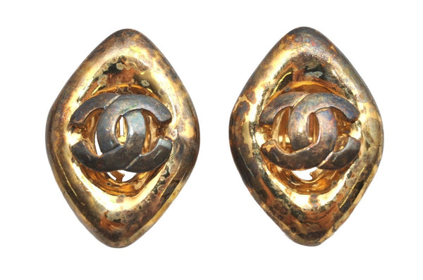 Authentic CHANEL Vintage Clip-On Earrings CoCo Mark Gold Plated 9923J