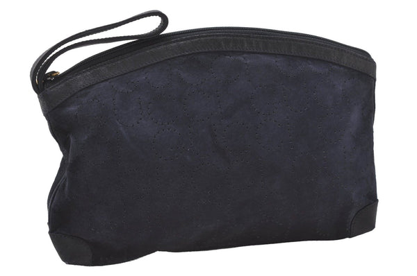 Authentic GUCCI Vintage Clutch Hand Bag Purse Punching Suede Leather Navy 9924I