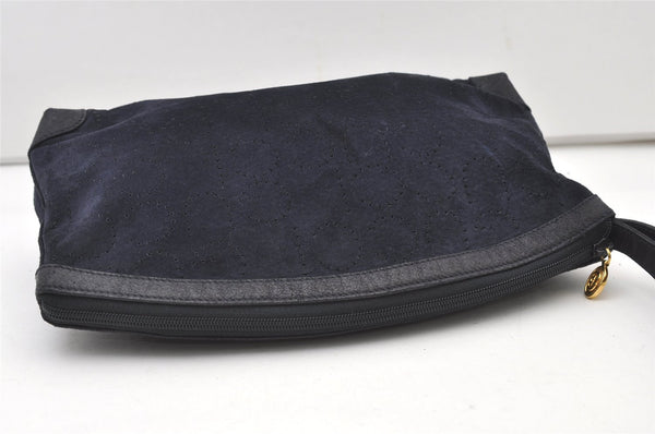 Authentic GUCCI Vintage Clutch Hand Bag Purse Punching Suede Leather Navy 9924I
