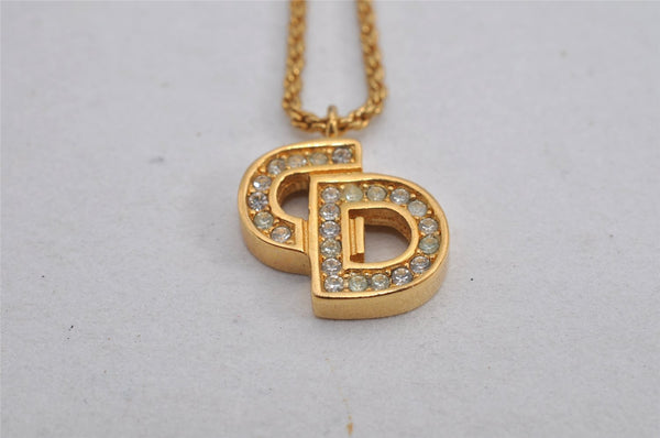 Authentic Christian Dior Gold Tone Chain Rhinestone Pendant Necklace CD 9926J