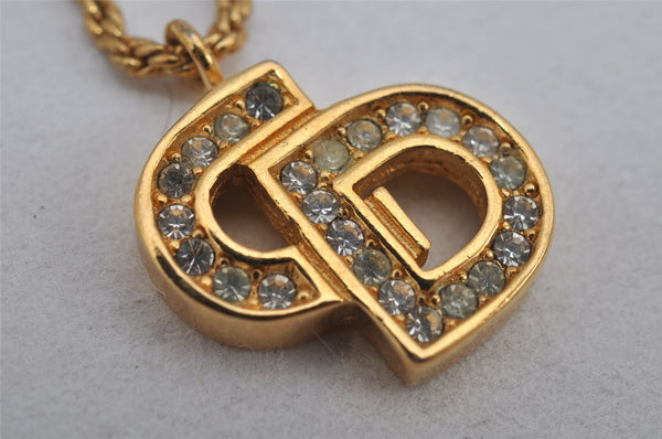 Authentic Christian Dior Gold Tone Chain Rhinestone Pendant Necklace CD 9926J