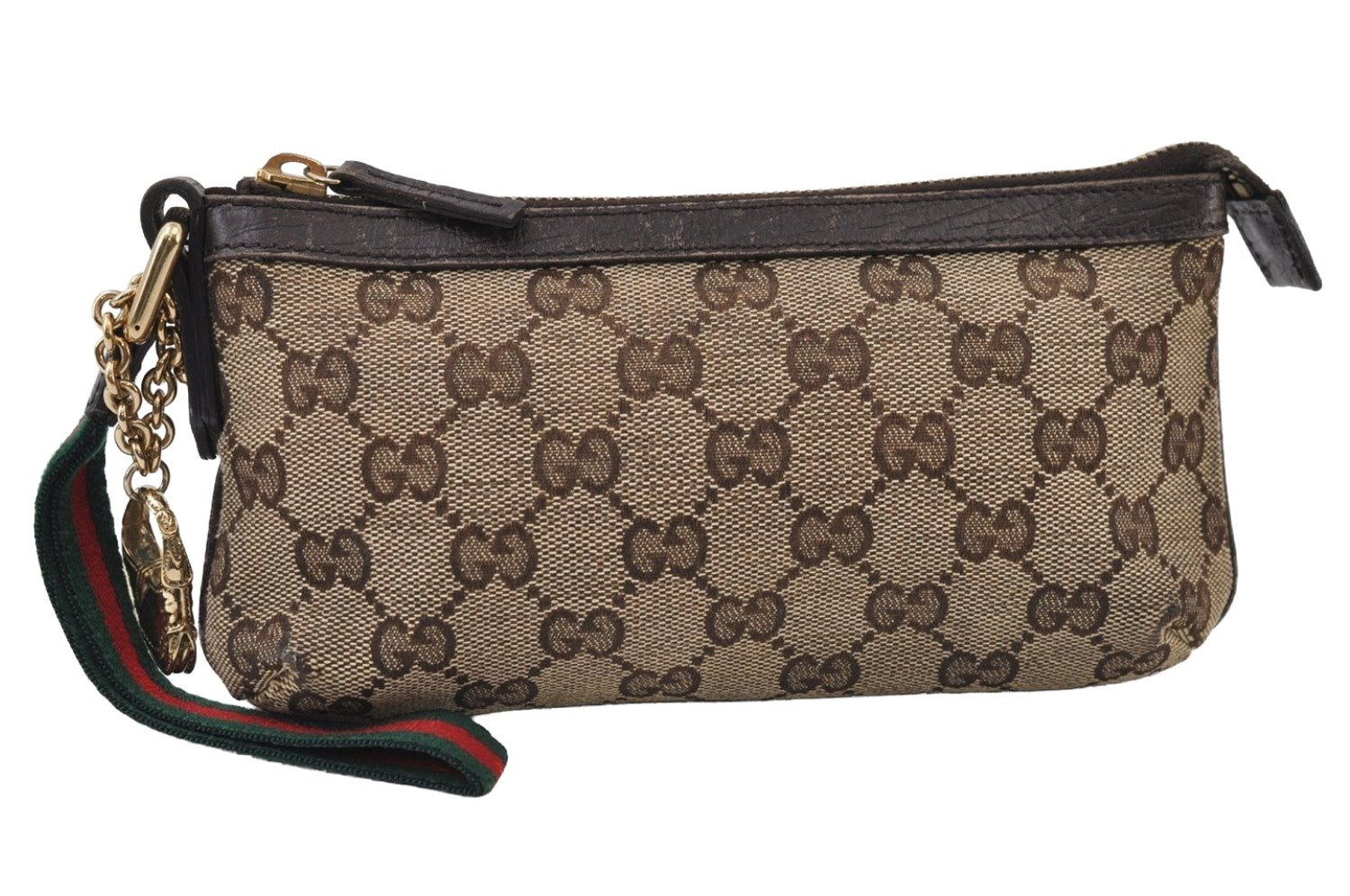 Authentic GUCCI Web Sherry Line Pouch Purse GG Canvas Leather 152507 Brown 9927I