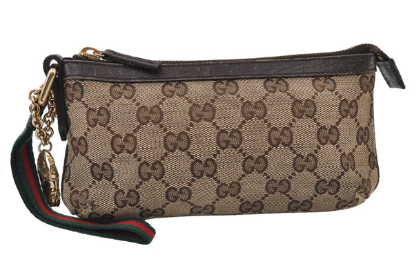 Authentic GUCCI Web Sherry Line Pouch Purse GG Canvas Leather 152507 Brown 9927I