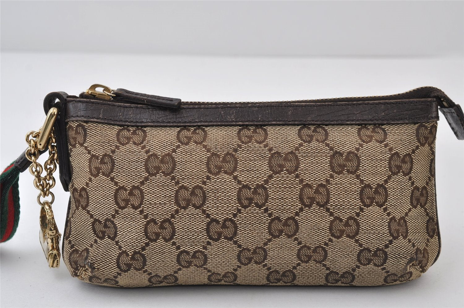 Authentic GUCCI Web Sherry Line Pouch Purse GG Canvas Leather 152507 Brown 9927I