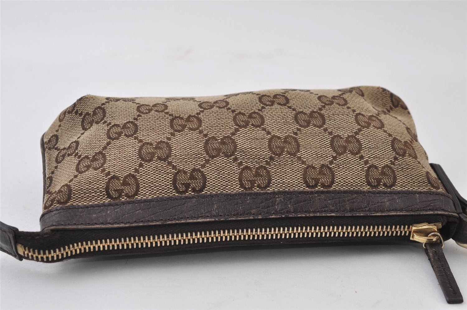 Authentic GUCCI Web Sherry Line Pouch Purse GG Canvas Leather 152507 Brown 9927I