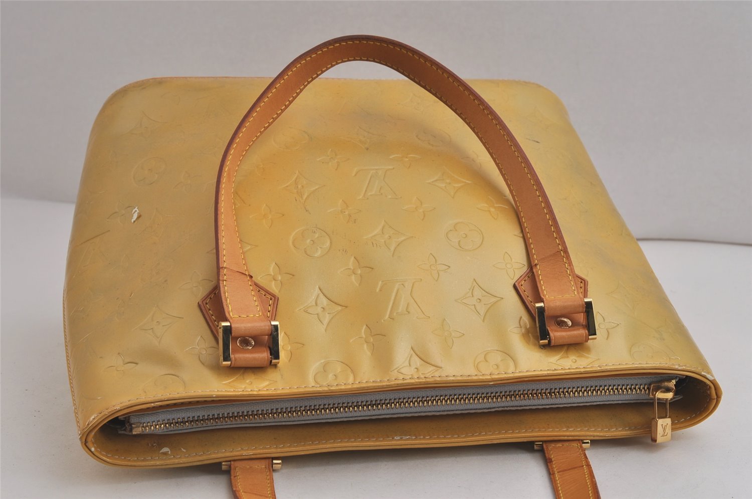 Authentic Louis Vuitton Vernis Houston Shoulder Hand Bag Yellow M91053 LV 9929J