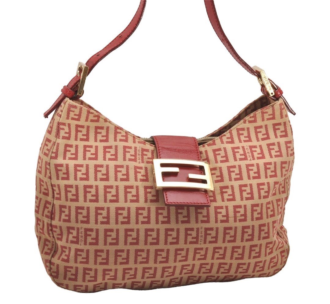 Authentic FENDI Zucchino Shoulder Hand Bag Purse Canvas Leather Red 9933I