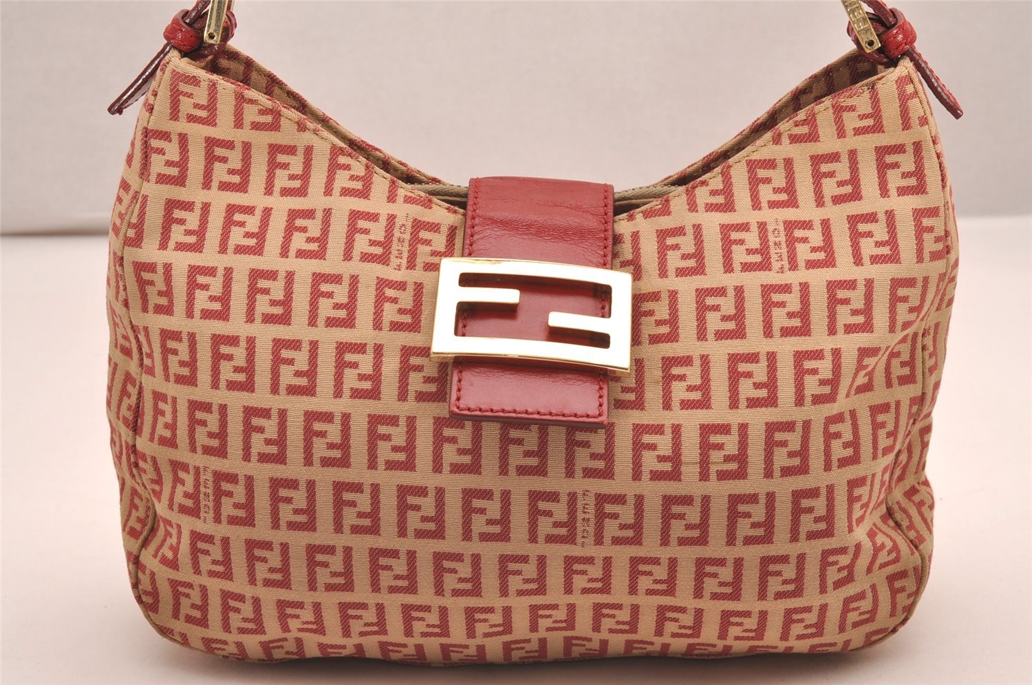 Authentic FENDI Zucchino Shoulder Hand Bag Purse Canvas Leather Red 9933I