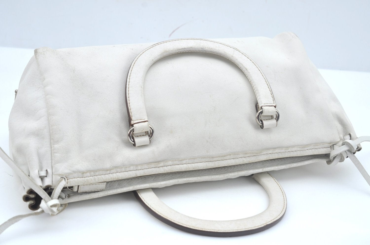 Authentic PRADA Vintage BOW SOFT Leather Hand Bag Purse BN0703 White 9934I