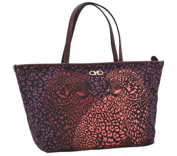 Auth Salvatore Ferragamo Leopard Gancini Nylon Leather Tote Bag Purple 9937I
