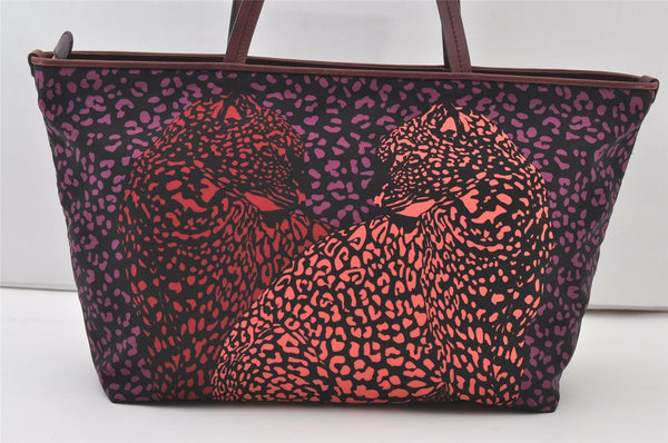 Auth Salvatore Ferragamo Leopard Gancini Nylon Leather Tote Bag Purple 9937I