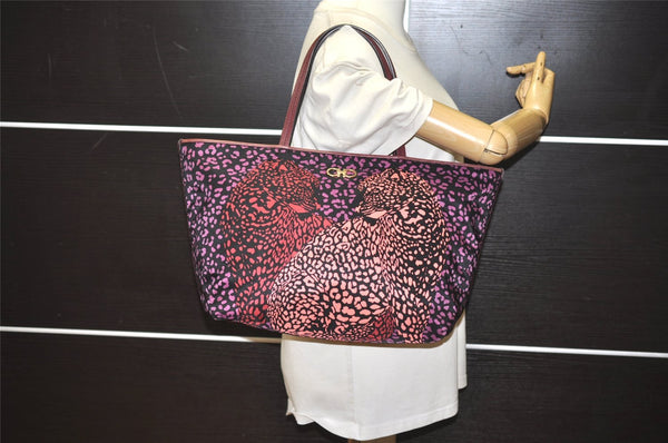 Auth Salvatore Ferragamo Leopard Gancini Nylon Leather Tote Bag Purple 9937I