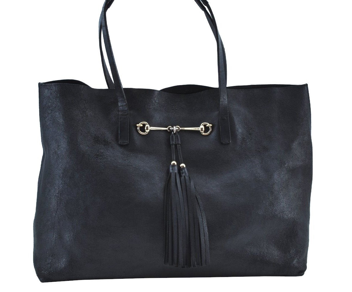 Authentic GUCCI Vintage Horsebit Shoulder Tote Bag Leather 297007 Black 9952G