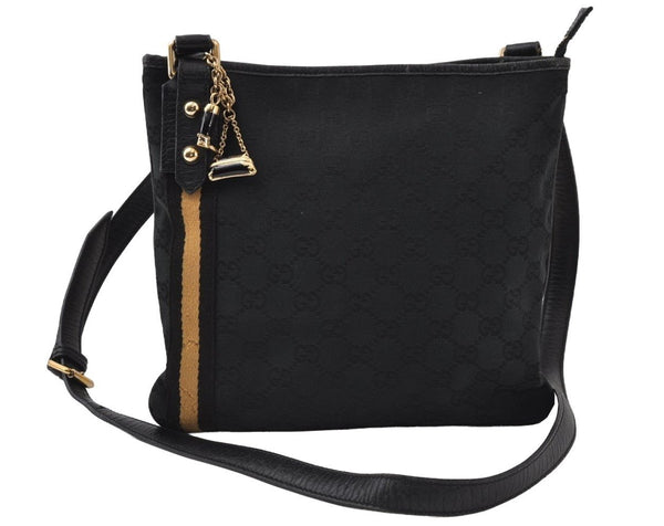 Authentic GUCCI Sherry Line Shoulder Cross Bag GG Canvas Leather Black 9954I