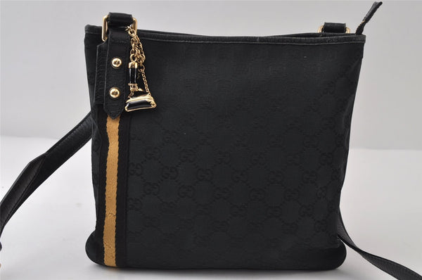 Authentic GUCCI Sherry Line Shoulder Cross Bag GG Canvas Leather Black 9954I