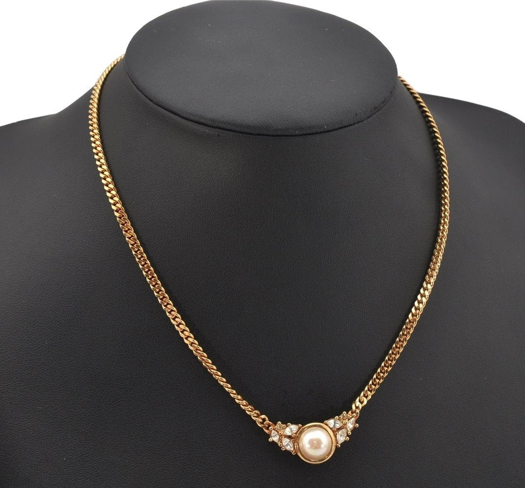 Authentic Christian Dior Gold Tone Chain Rhinestone Pendant Necklace Box 9957I