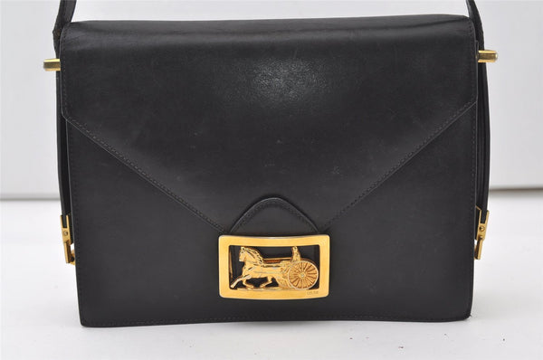 Authentic CELINE Vintage Horse Carriage Shoulder Bag Purse Leather Black 9959I