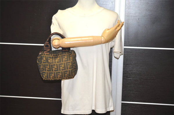 Authentic FENDI Vintage Zucca Hand Bag Purse Nylon Leather Brown 9966I