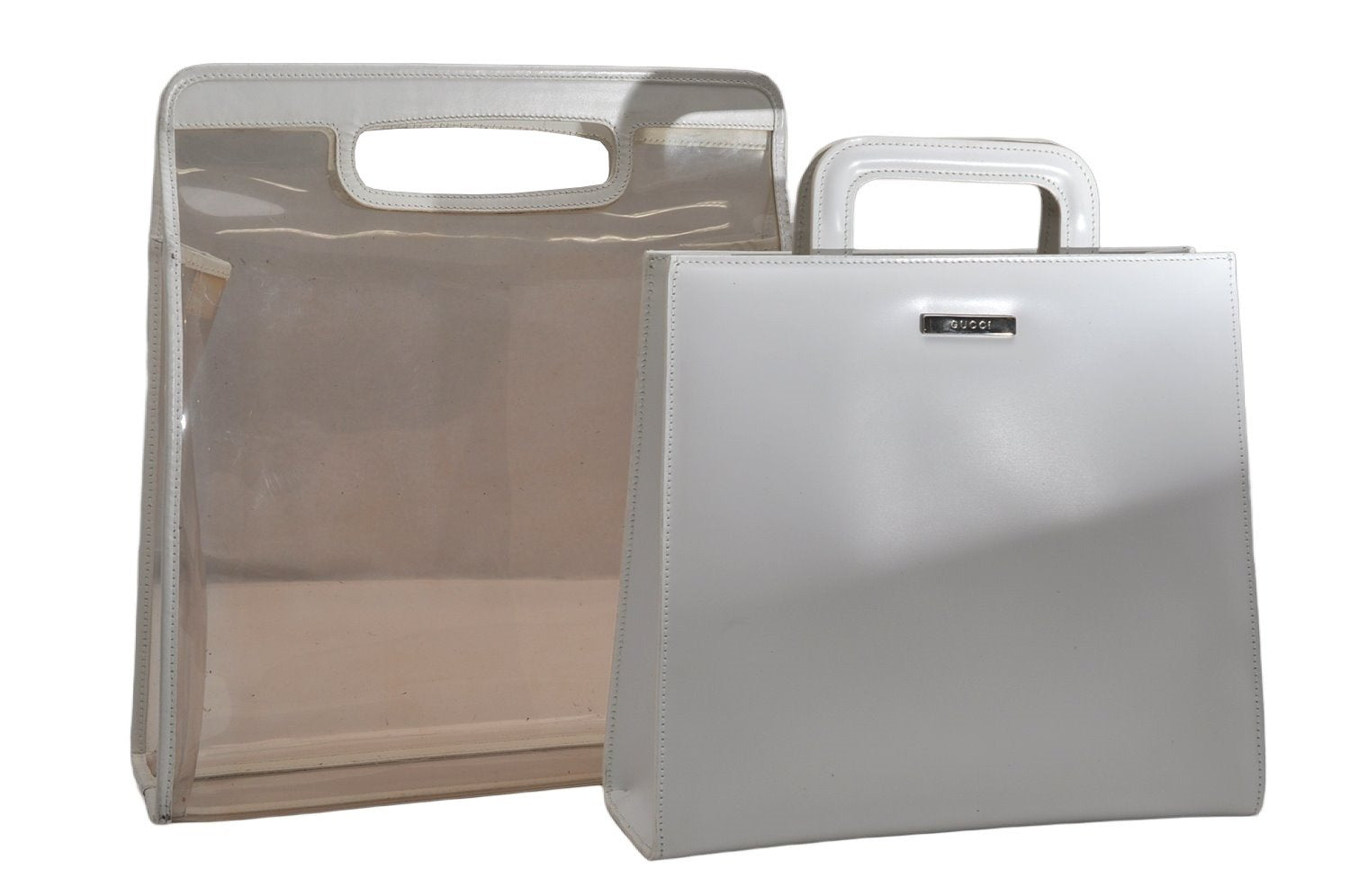 Authentic GUCCI Vintage 2in1 Tote Hand Bag Vinyl Leather Clear White Junk 9968J