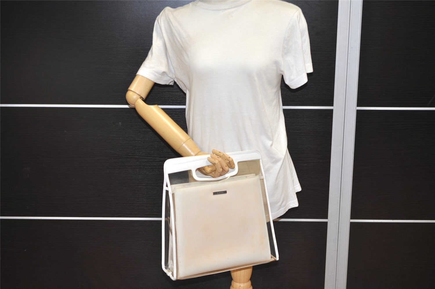 Authentic GUCCI Vintage 2in1 Tote Hand Bag Vinyl Leather Clear White Junk 9968J