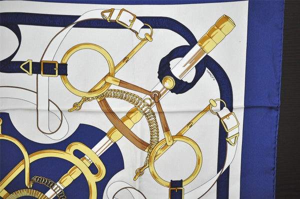 Authentic HERMES Carre 90 Scarf "Eperon d'or" Silk Blue 9969I