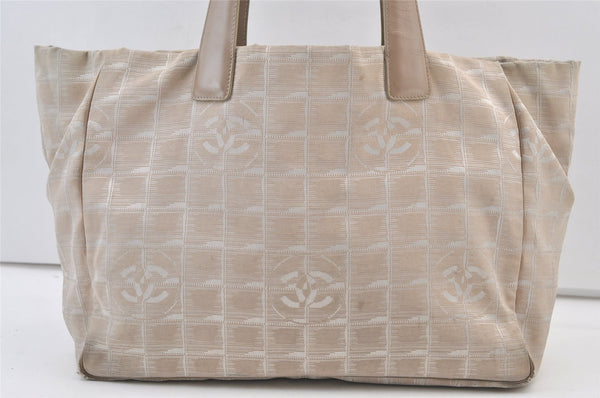 Authentic CHANEL New Travel Line Shoulder Tote Bag Nylon Leather Beige 9971J