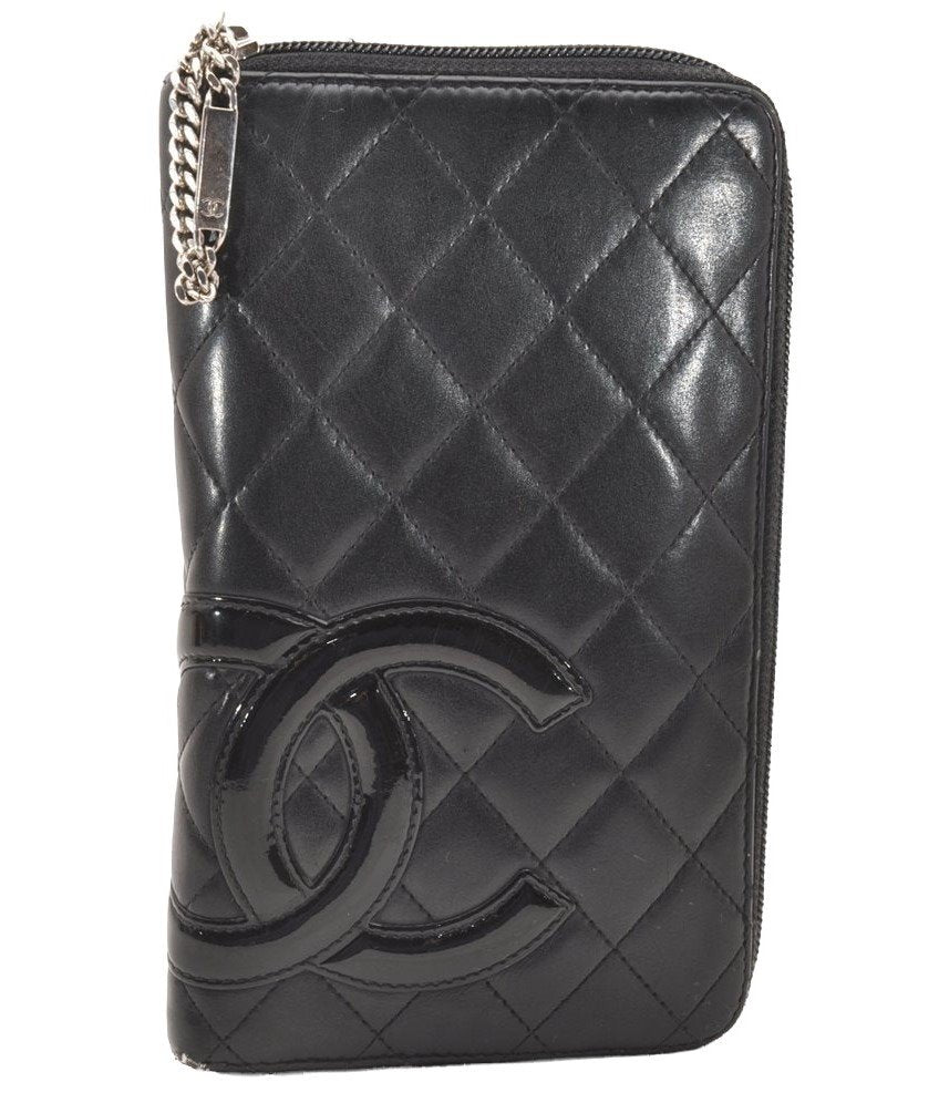 Authentic CHANEL Calf Skin Cambon Line Zippy Organizer Wallet Purse Black 9974I