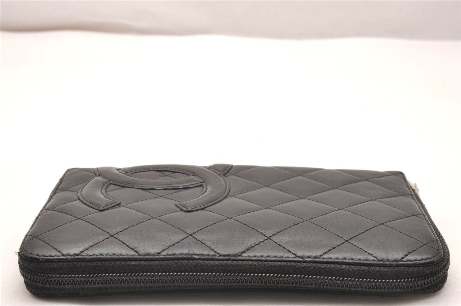 Authentic CHANEL Calf Skin Cambon Line Zippy Organizer Wallet Purse Black 9974I