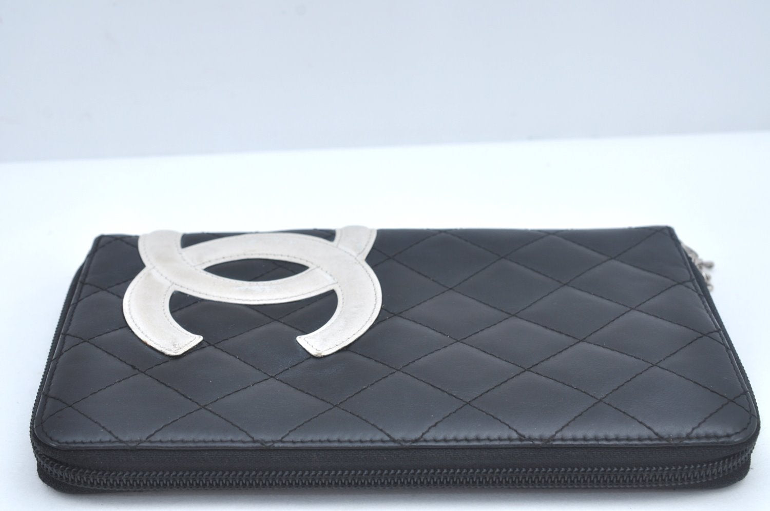 Authentic CHANEL Calf Skin Cambon Line Zippy Organizer Wallet Purse Black 9975I