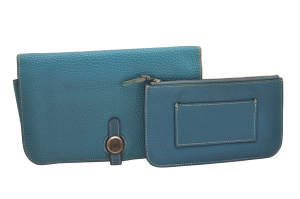 Authentic HERMES Dogon GM Vintage Leather Long Wallet Purse Blue 9977I