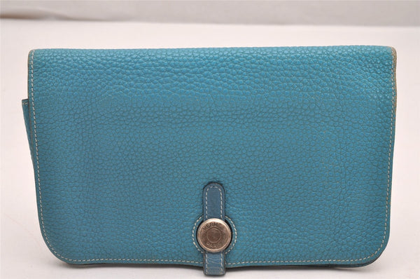 Authentic HERMES Dogon GM Vintage Leather Long Wallet Purse Blue 9977I