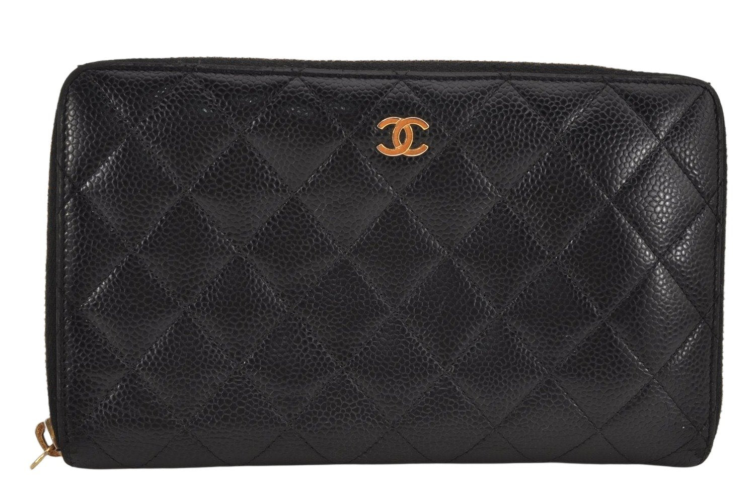 Authentic CHANEL Caviar Skin Matelasse Long Wallet Purse CoCo Mark Black 9977J