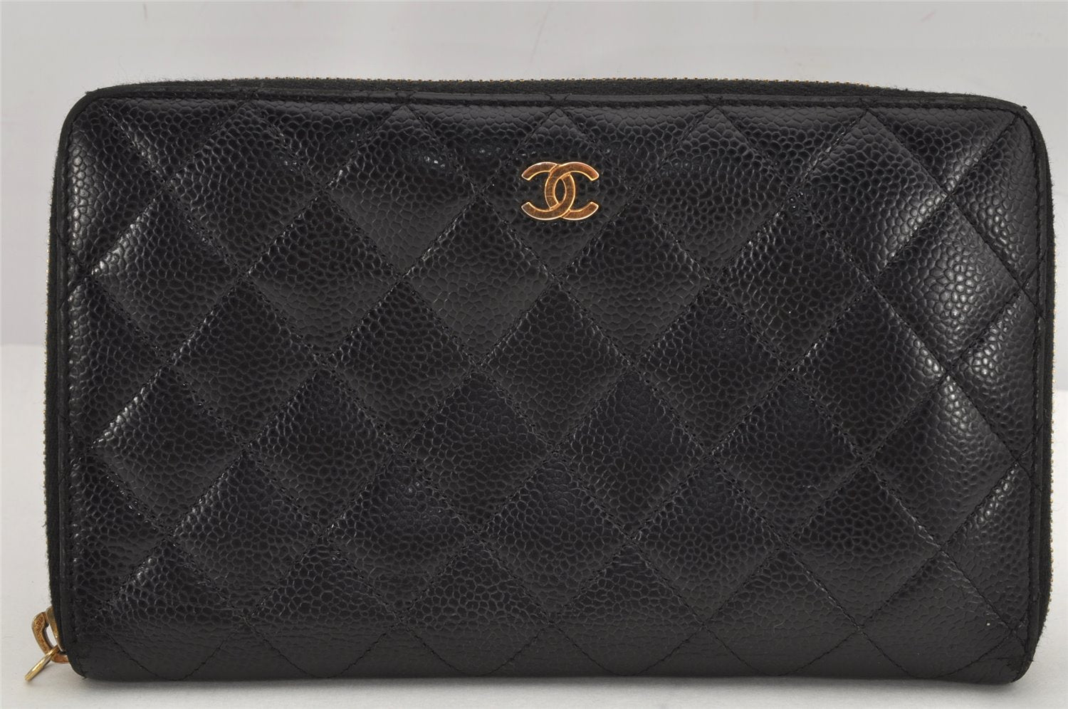 Authentic CHANEL Caviar Skin Matelasse Long Wallet Purse CoCo Mark Black 9977J