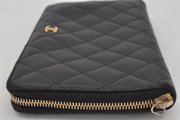 Authentic CHANEL Caviar Skin Matelasse Long Wallet Purse CoCo Mark Black 9977J