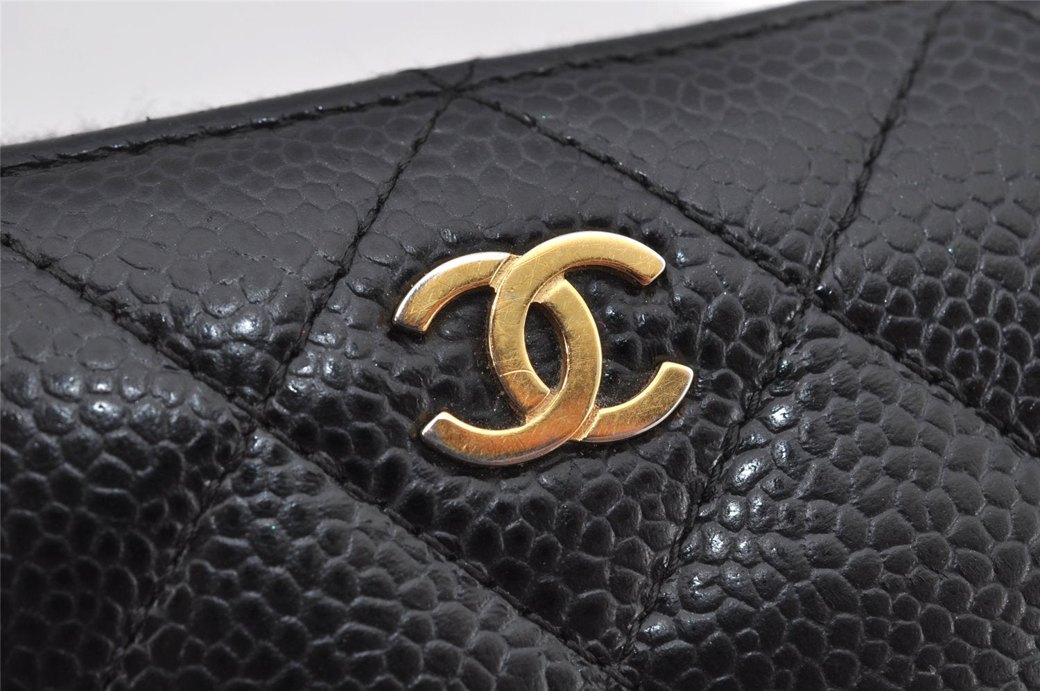 Authentic CHANEL Caviar Skin Matelasse Long Wallet Purse CoCo Mark Black 9977J