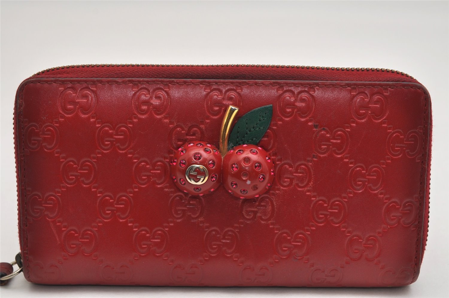 Authentic GUCCI Guccissima Cherry GG Leather Long Wallet Purse 476049 Red 9979J