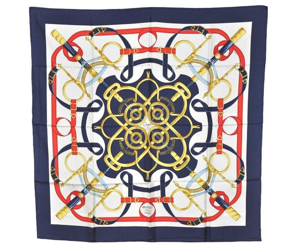 Authentic HERMES Carre 90 Scarf "Eperon d'or" Silk Navy Blue 9981I