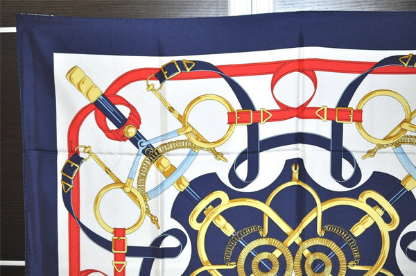 Authentic HERMES Carre 90 Scarf "Eperon d'or" Silk Navy Blue 9981I