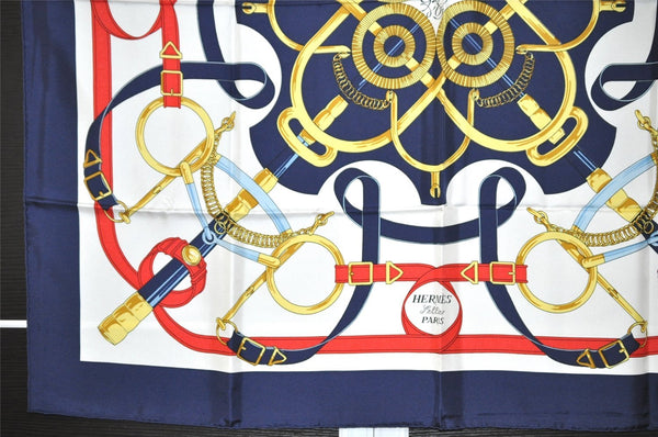 Authentic HERMES Carre 90 Scarf "Eperon d'or" Silk Navy Blue 9981I