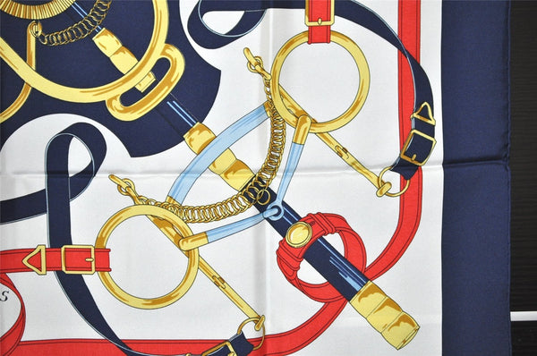 Authentic HERMES Carre 90 Scarf "Eperon d'or" Silk Navy Blue 9981I