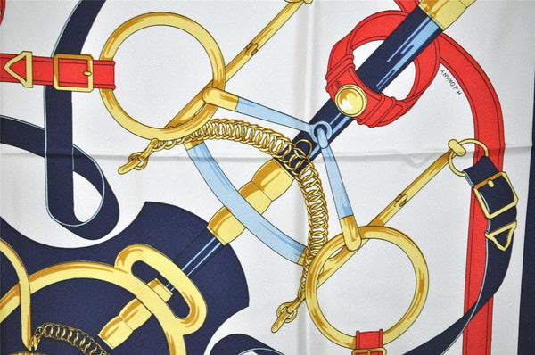 Authentic HERMES Carre 90 Scarf "Eperon d'or" Silk Navy Blue 9981I