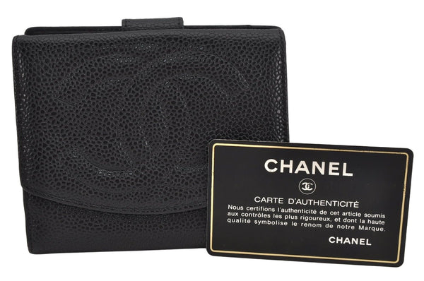 Authentic CHANEL Caviar Skin Vintage CoCo Mark Bifold Wallet Purse Black 9984J