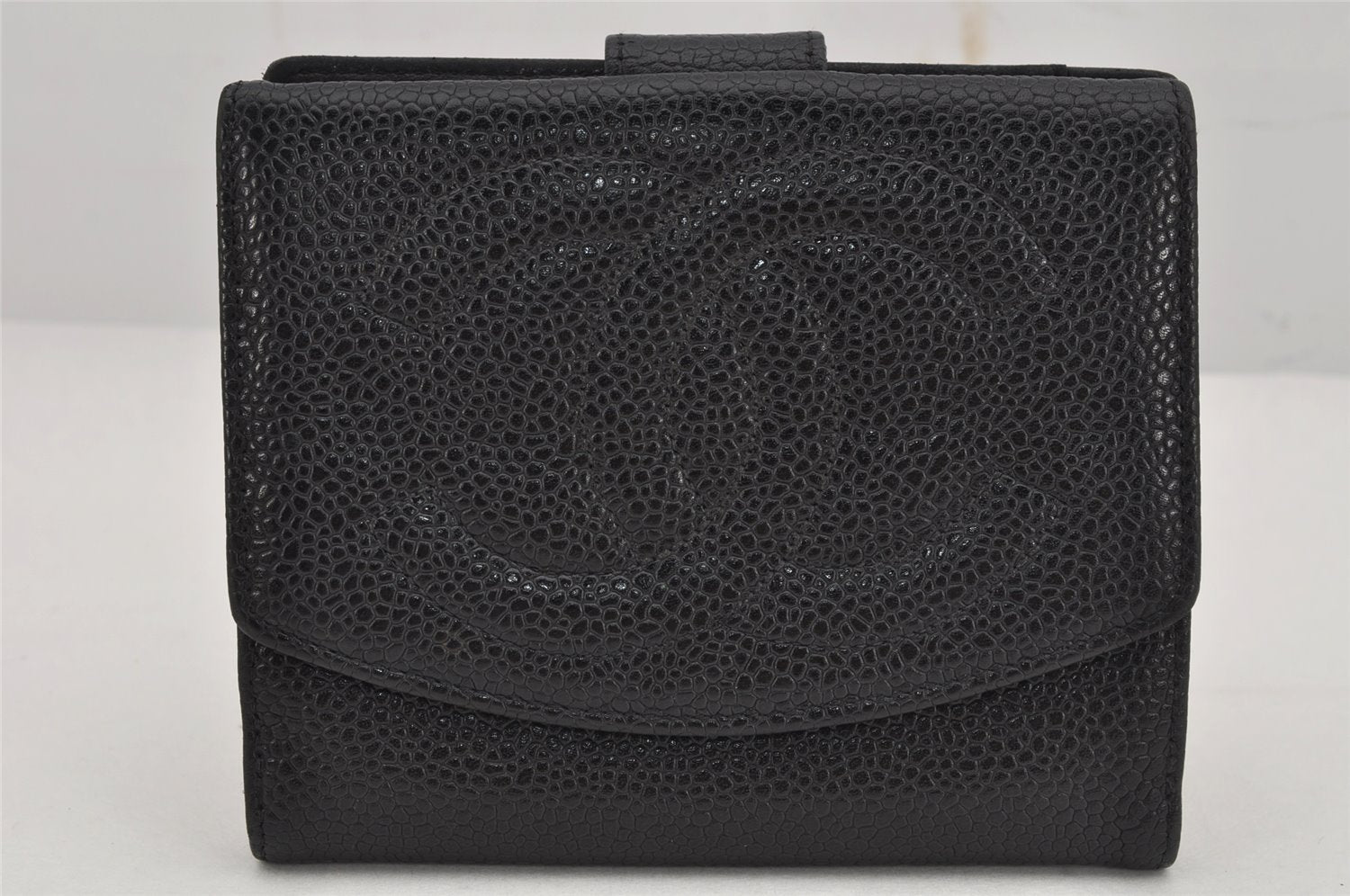 Authentic CHANEL Caviar Skin Vintage CoCo Mark Bifold Wallet Purse Black 9984J