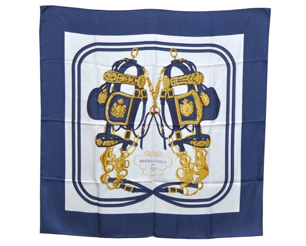 Authentic HERMES Carre 90 Scarf "BRIDES de GALA"Silk Navy Blue J5755