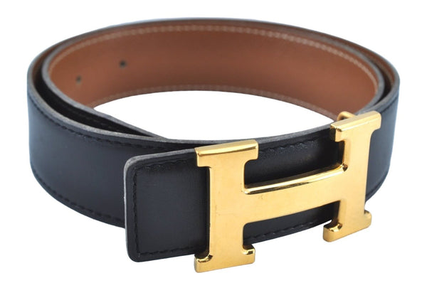 Authentic HERMES Leather Belt Reversible Size 65cm 25.6" Black Brown J6051